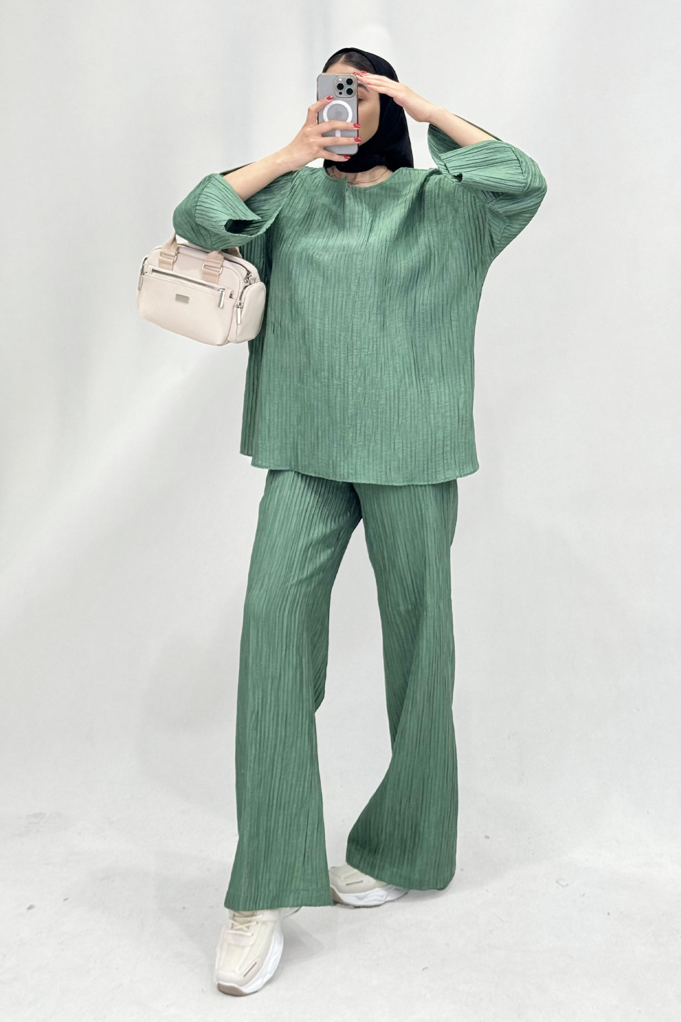 ست شومیز جلوبسته یقه هفت و شلوار بگ کریشه