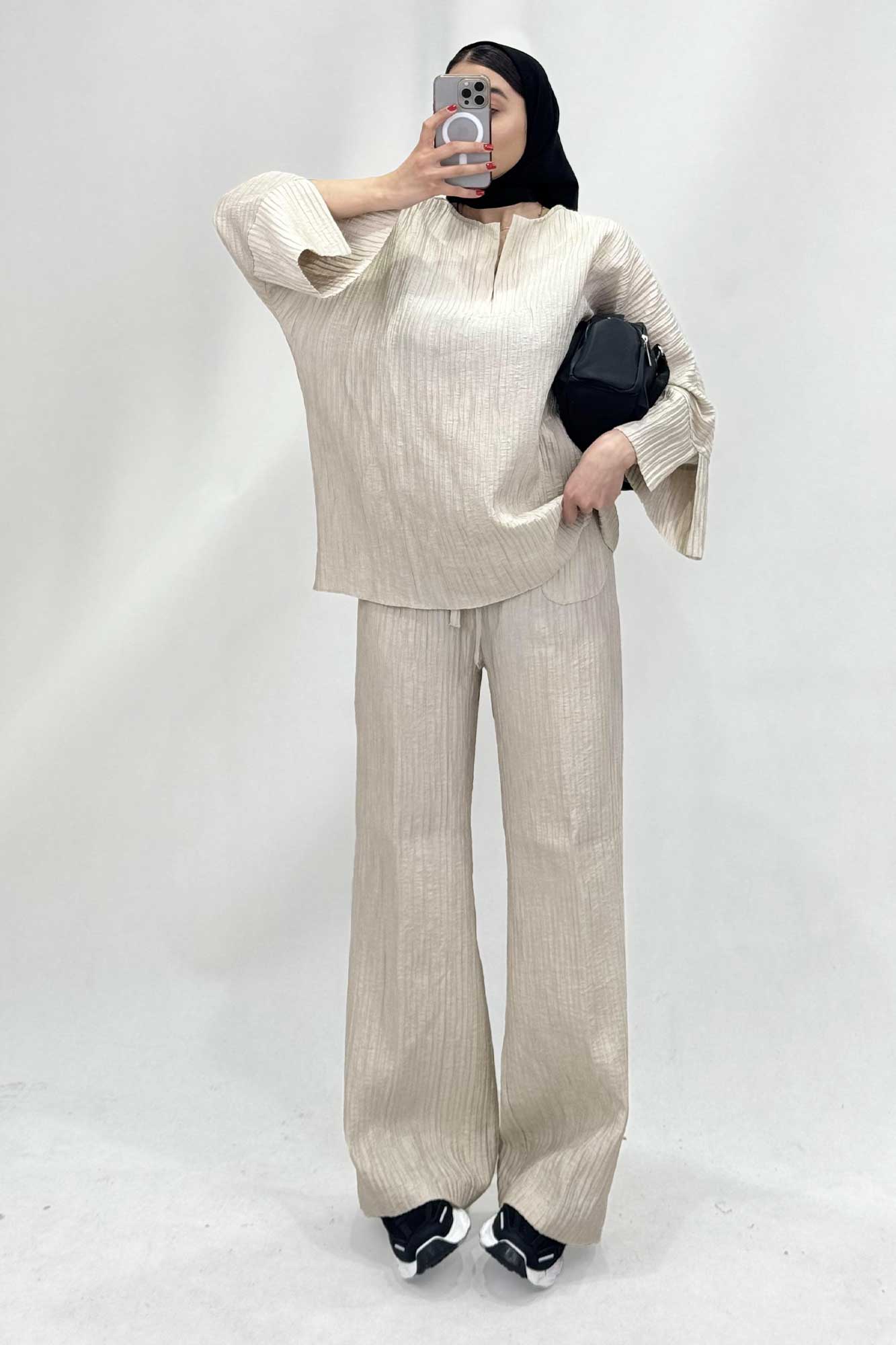 ست شومیز جلوبسته یقه هفت و شلوار بگ کریشه