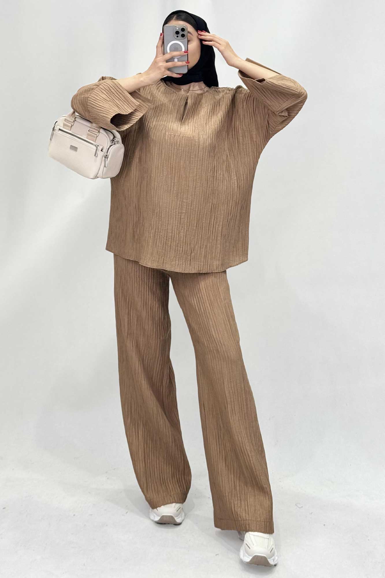 ست شومیز جلوبسته یقه هفت و شلوار بگ کریشه