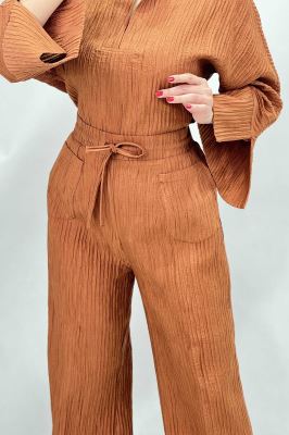 ست شومیز جلوبسته یقه هفت و شلوار بگ کریشه