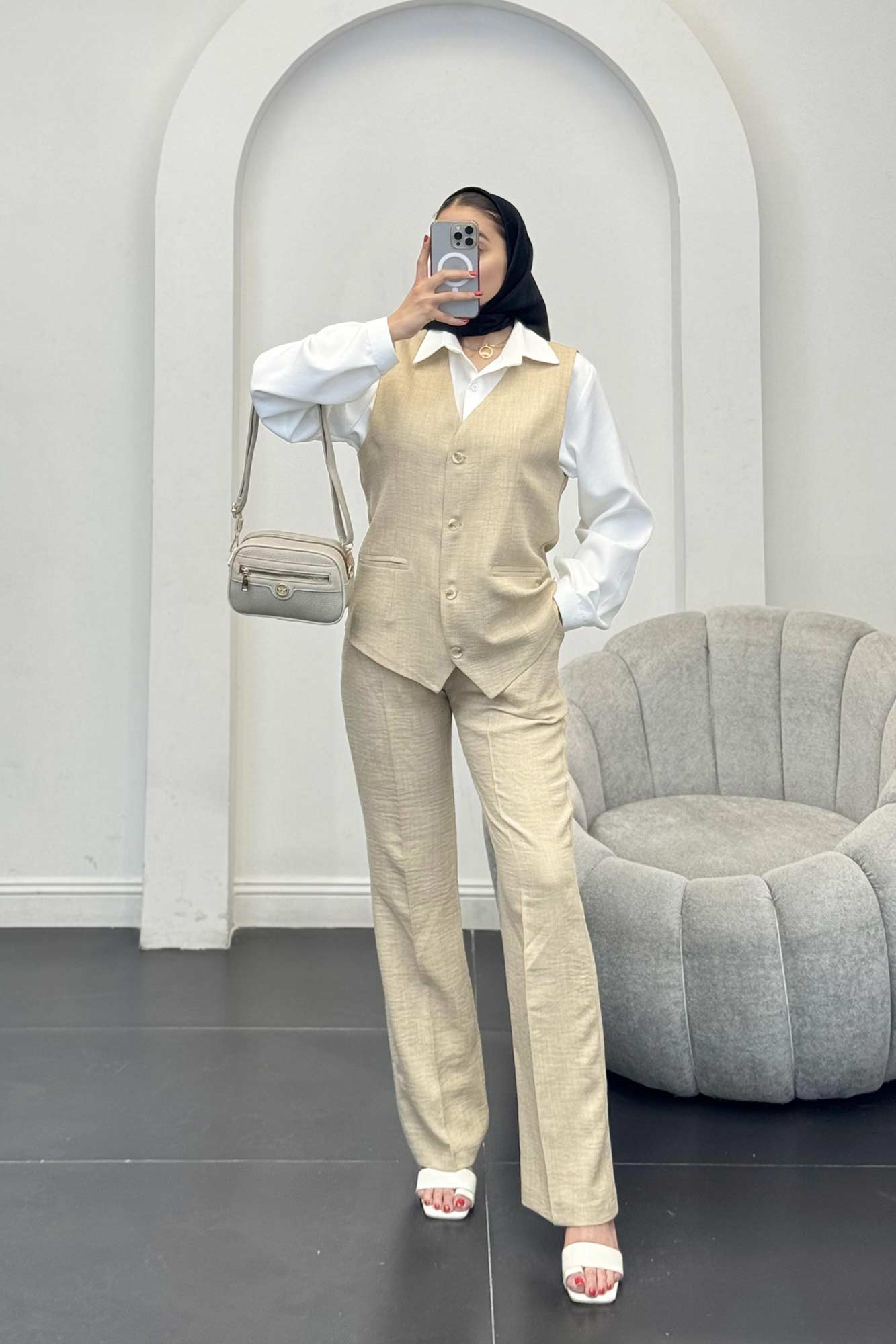 ست جلیقه شلوار شانتون یقه هفت بگ