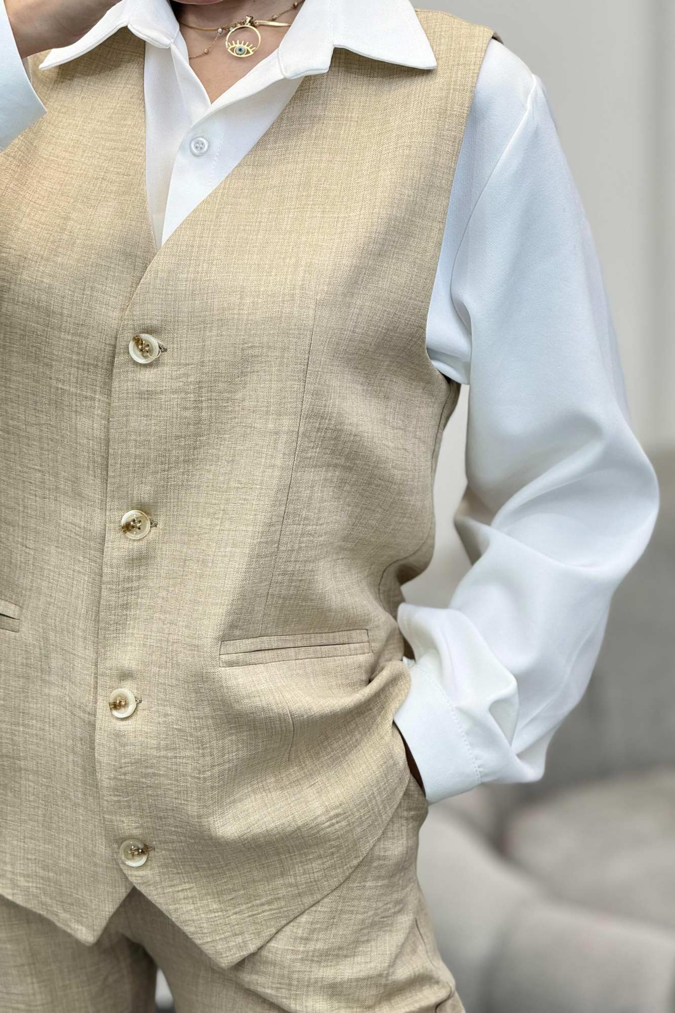 ست جلیقه شلوار شانتون یقه هفت بگ