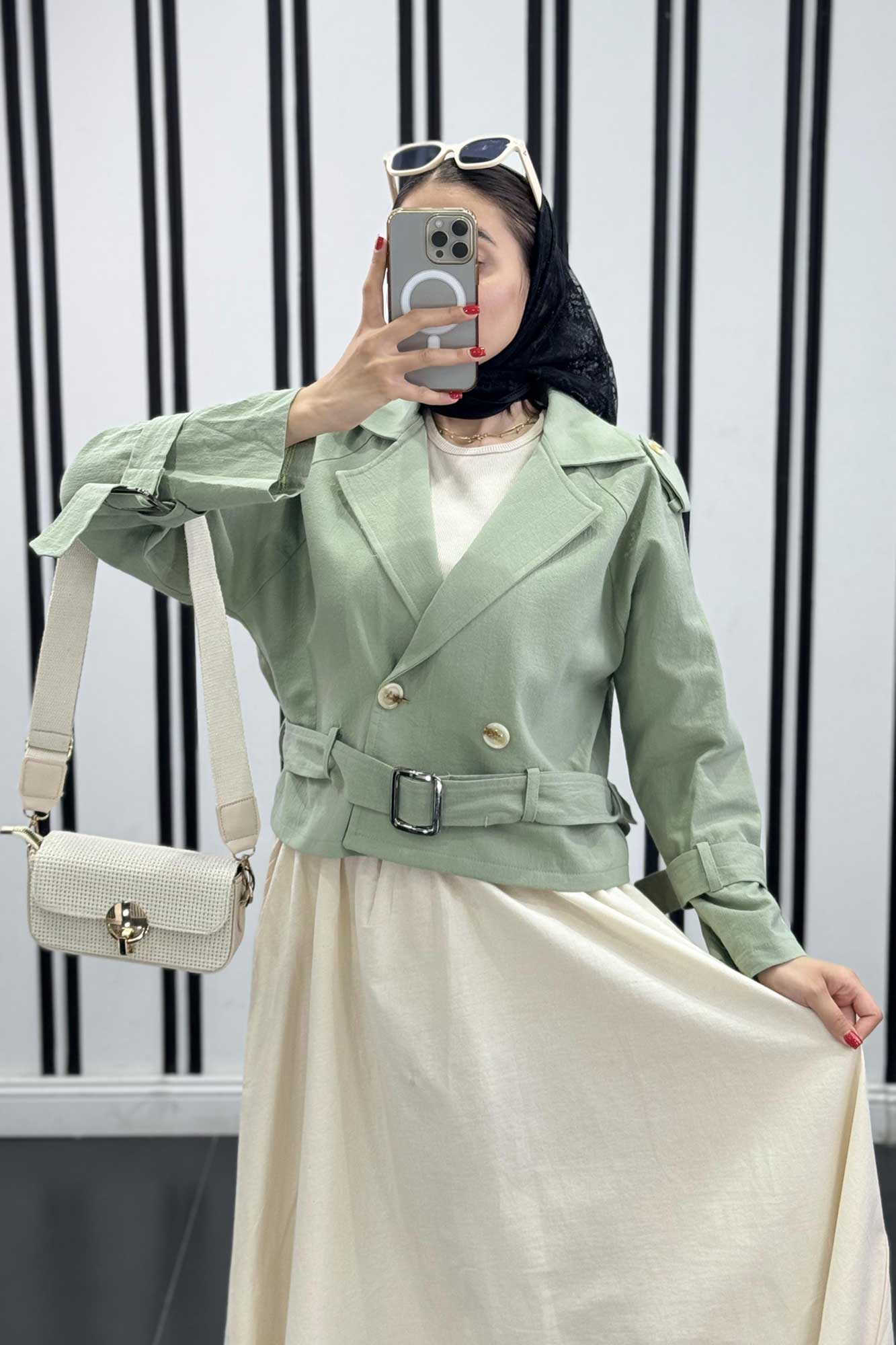 کت کوتاه لینن آستین کمربندی بولونیا