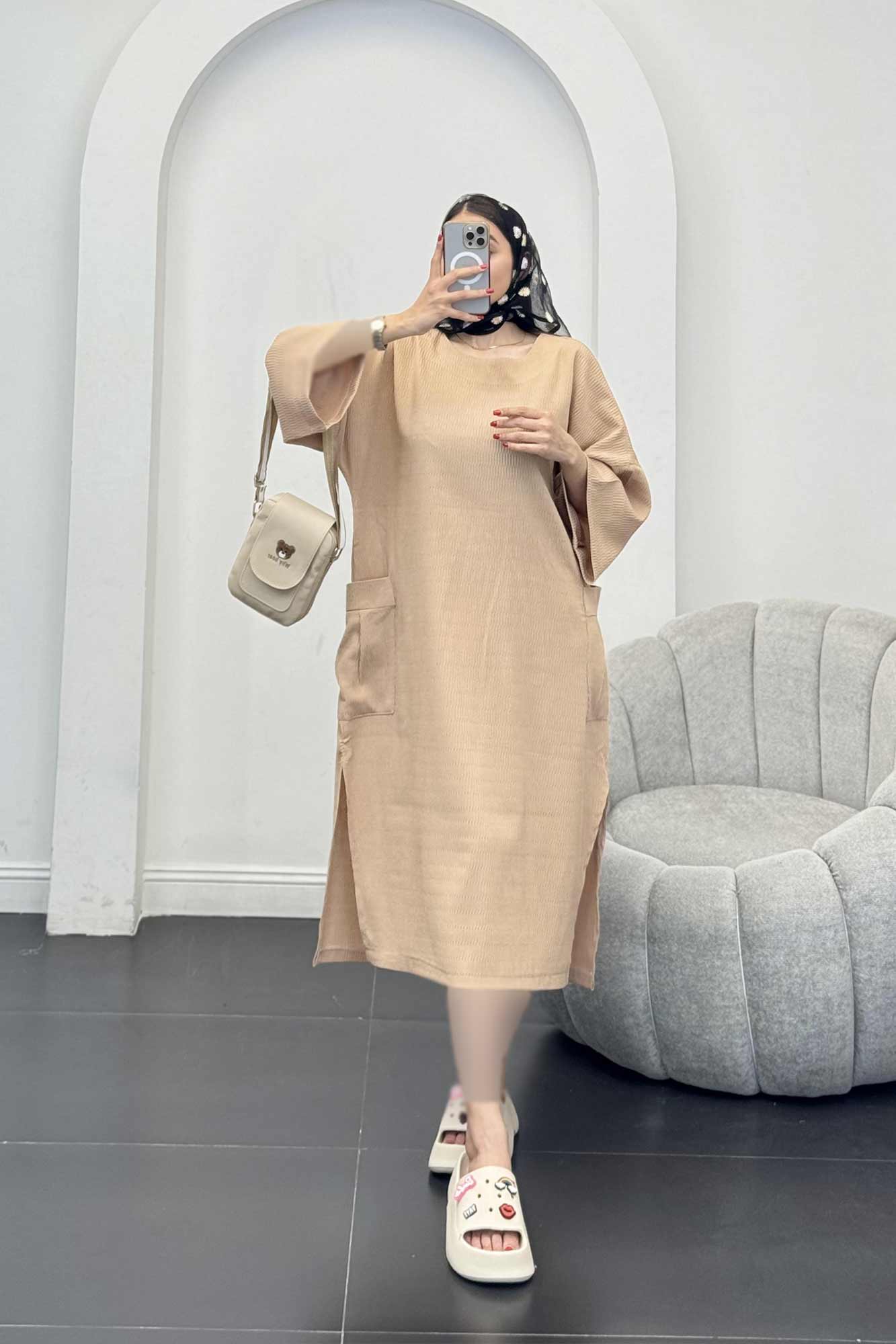 مانتو کفتان السا بغل جیب پایین چاکدار