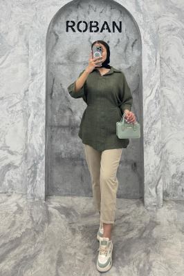 شومیز شانتون کمر گت دار آستین پیله