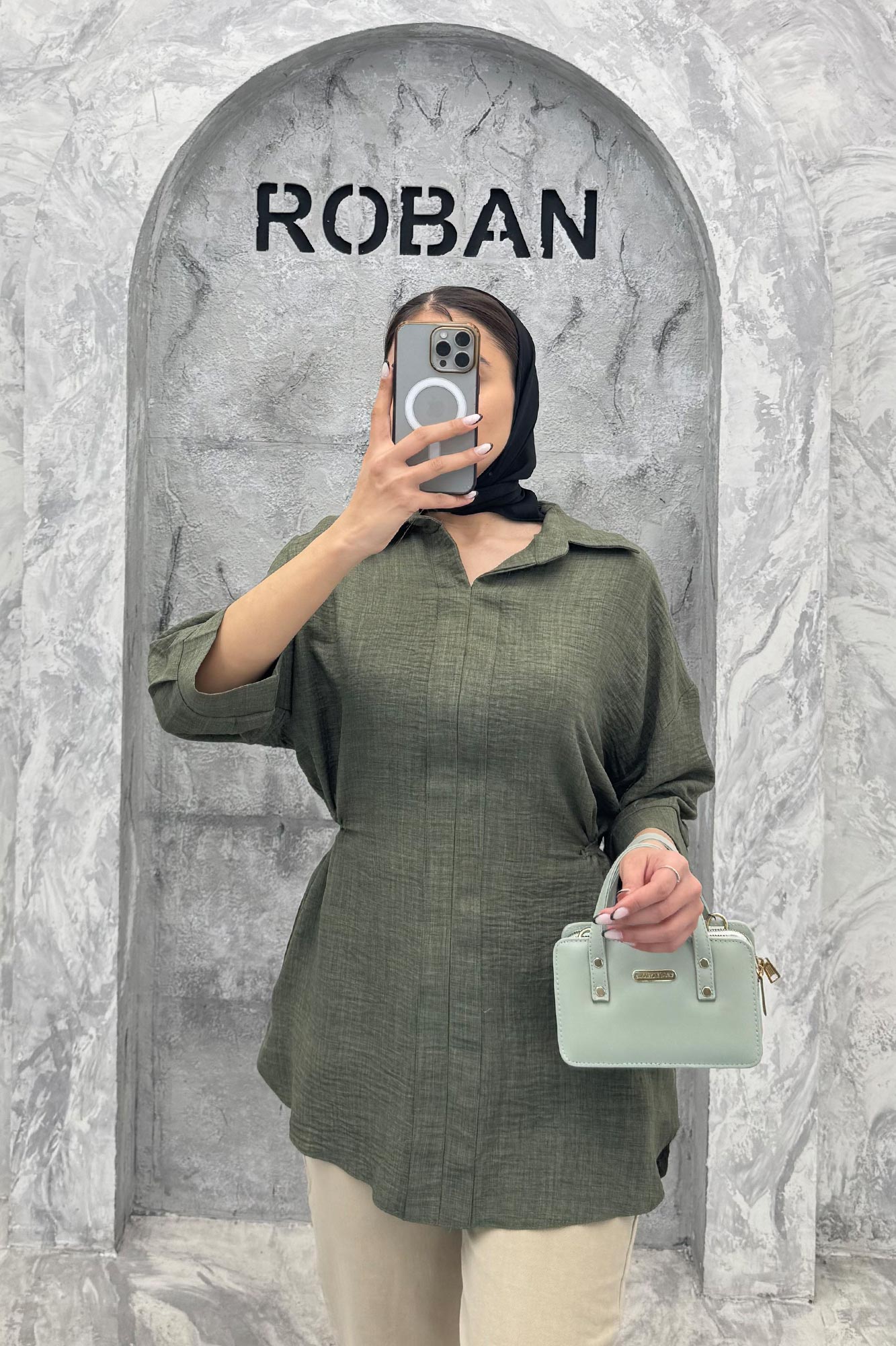 شومیز شانتون کمر گت دار آستین پیله