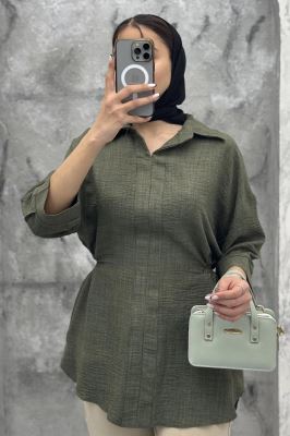 شومیز شانتون کمر گت دار آستین پیله