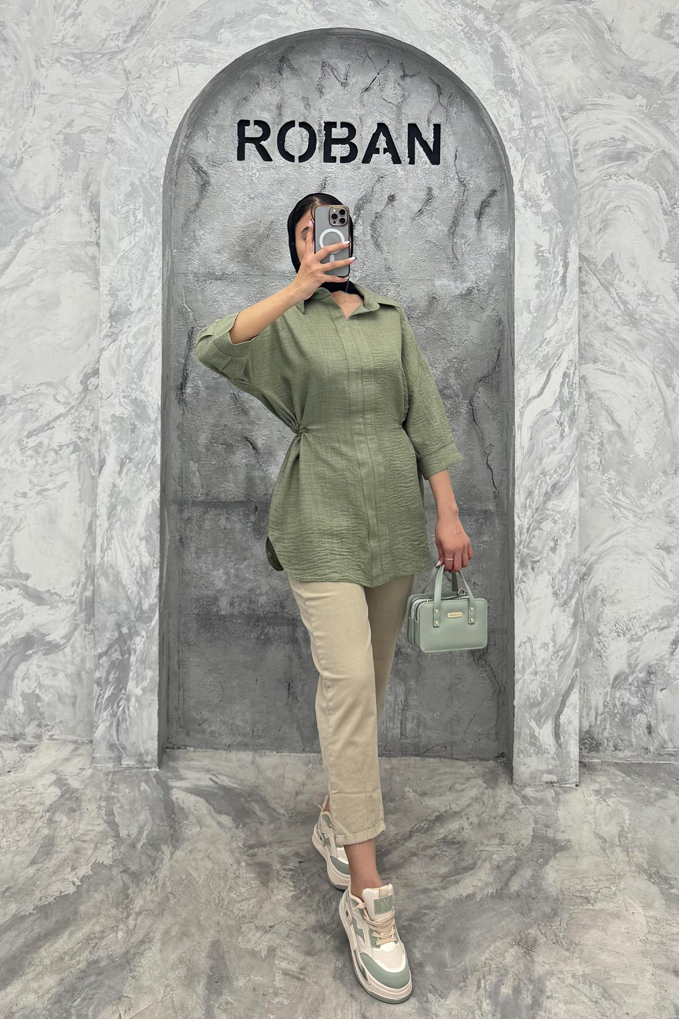 شومیز شانتون کمر گت دار آستین پیله