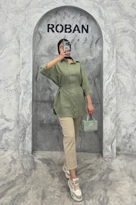 شومیز شانتون کمر گت دار آستین پیله