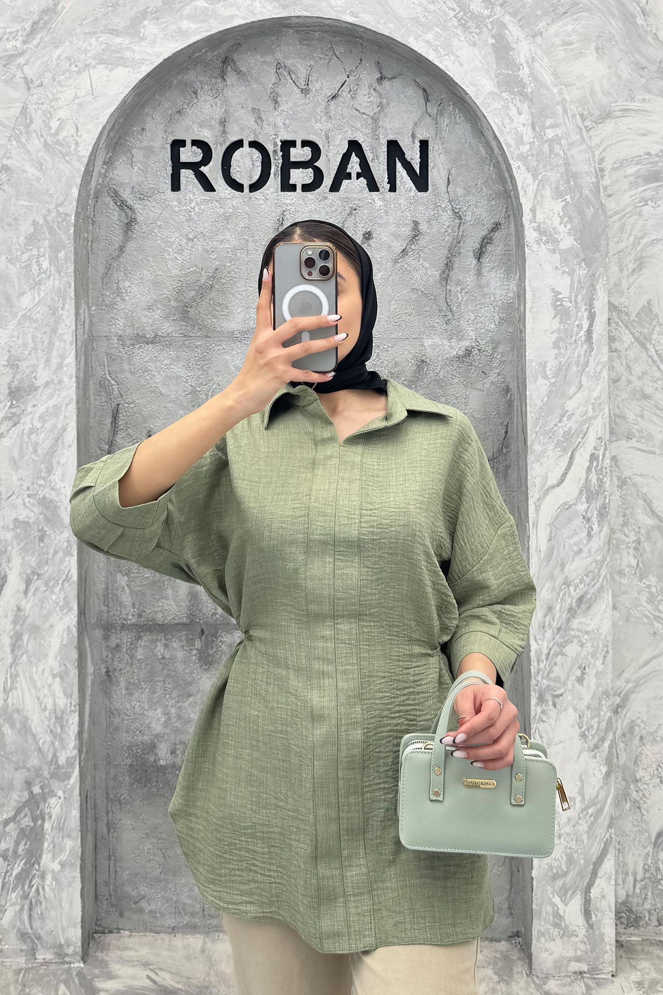 شومیز شانتون کمر گت دار آستین پیله