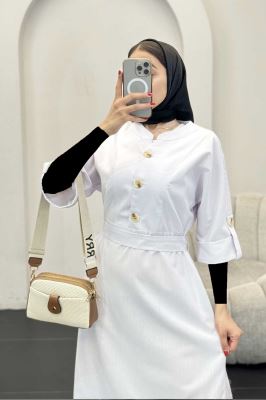 پیراهن لینن سه دکمه آستین بند دار