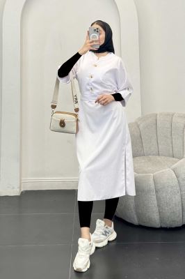 پیراهن لینن سه دکمه آستین بند دار