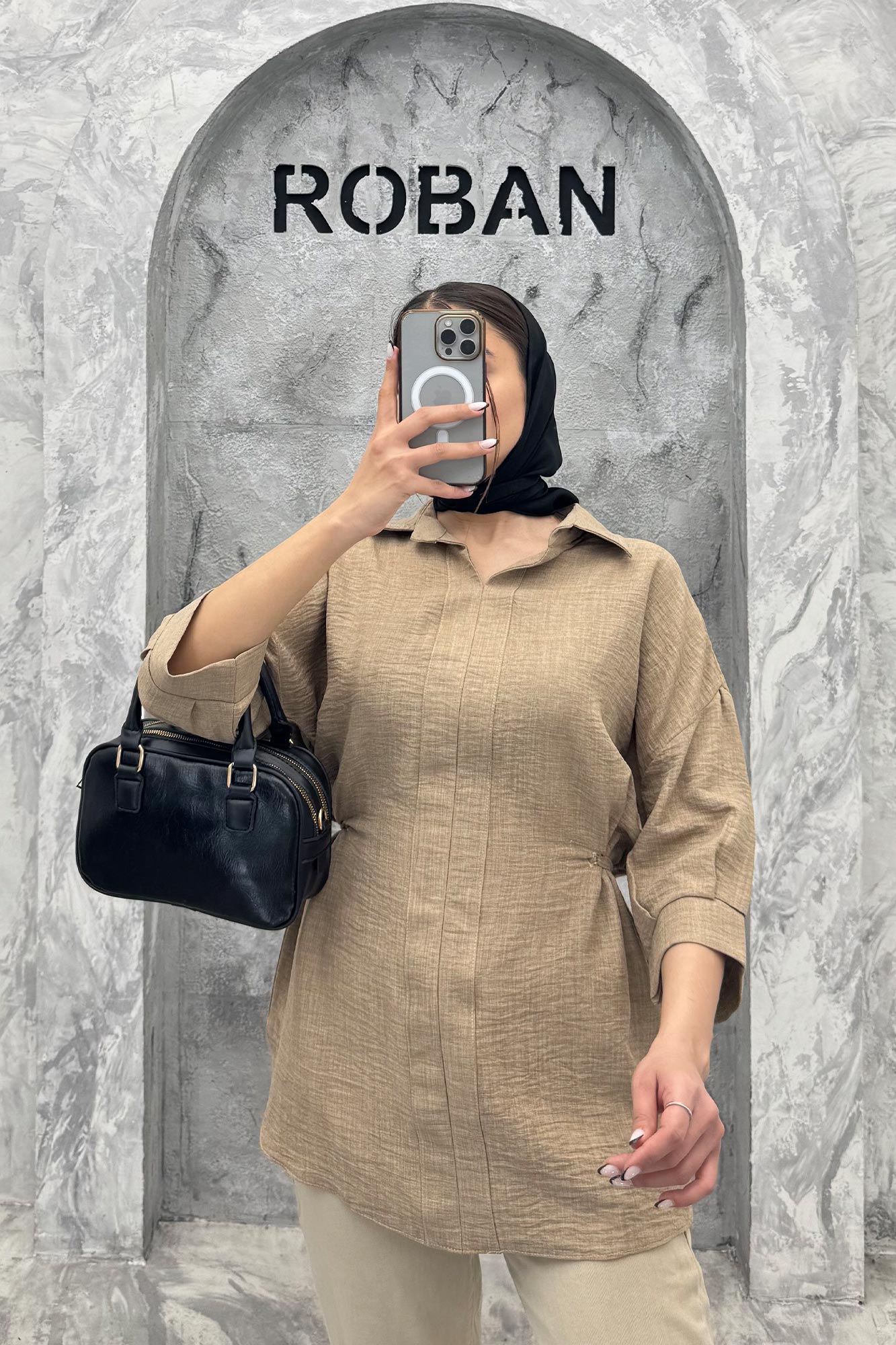 شومیز شانتون کمر گت دار آستین پیله