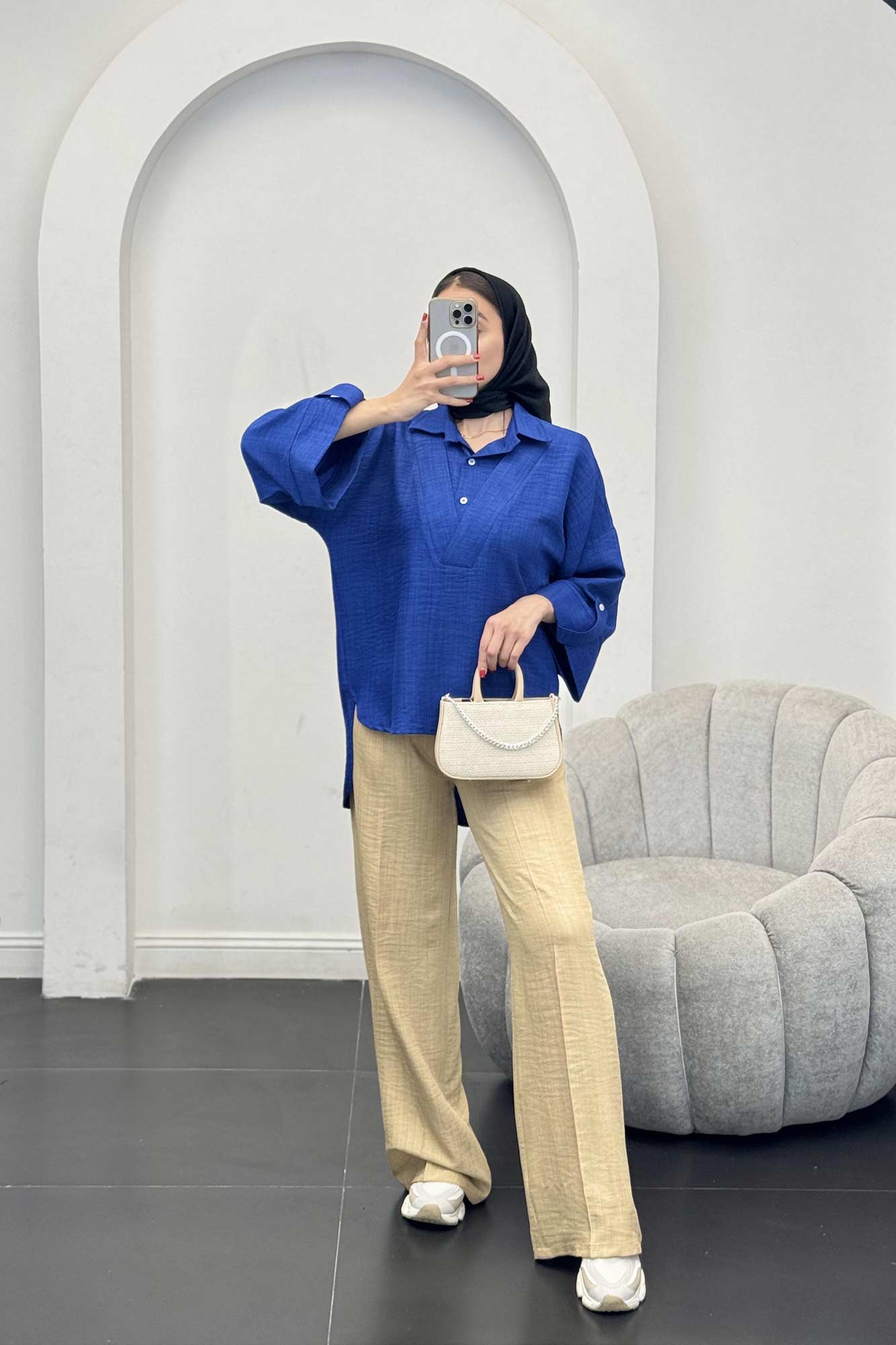 بلوز شانتون دو یقه پشت بلند