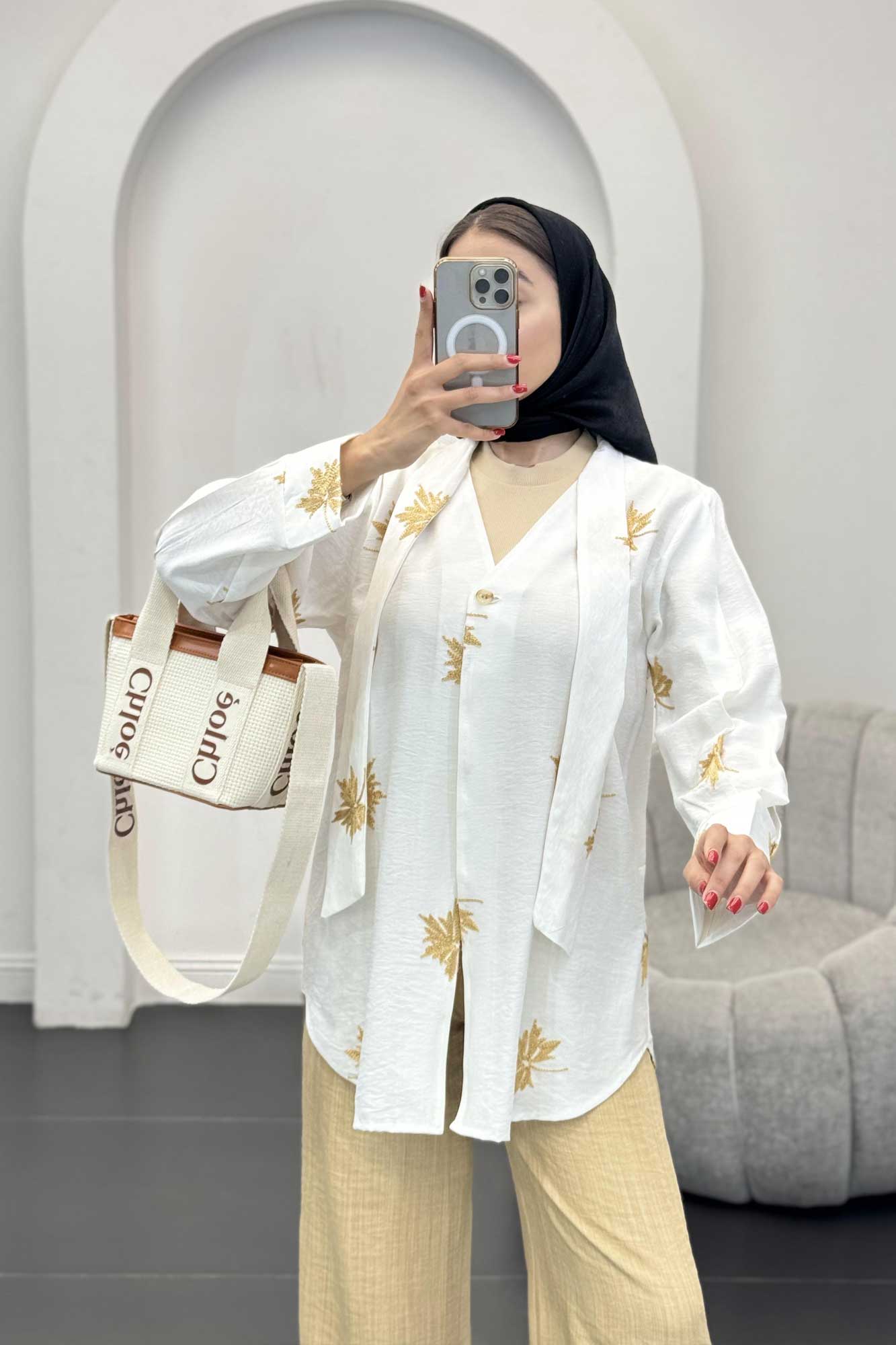 شومیز تک دکمه گلدوزی یقه بنددار