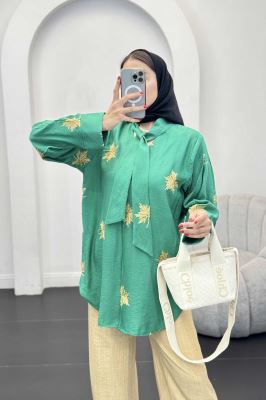 شومیز تک دکمه گلدوزی یقه بنددار