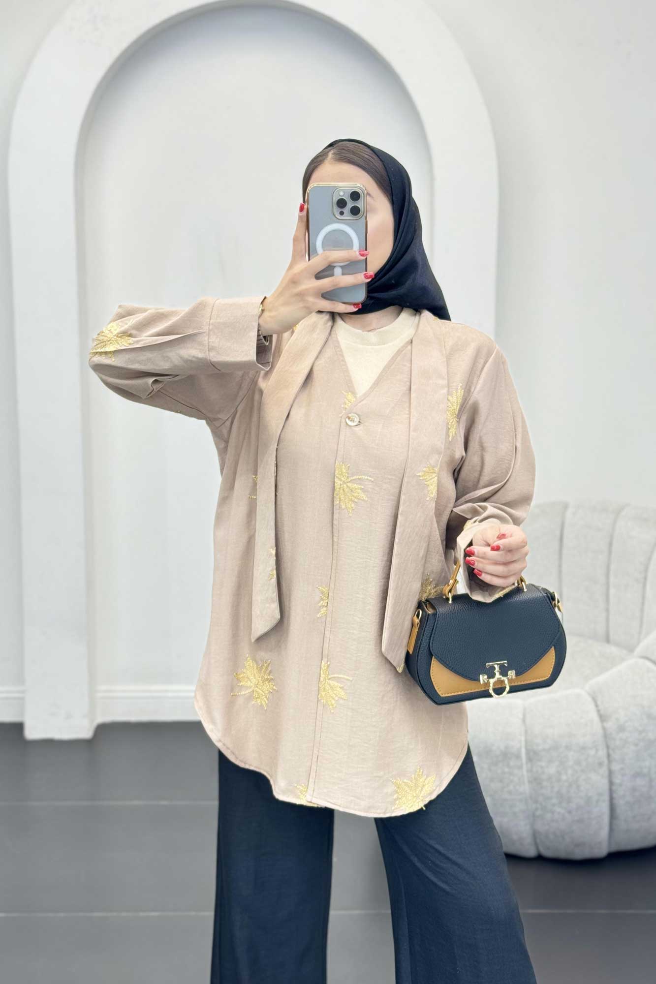 شومیز تک دکمه گلدوزی یقه بنددار