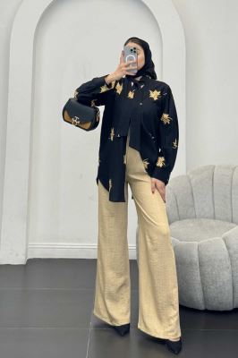 شومیز تک دکمه گلدوزی یقه بنددار