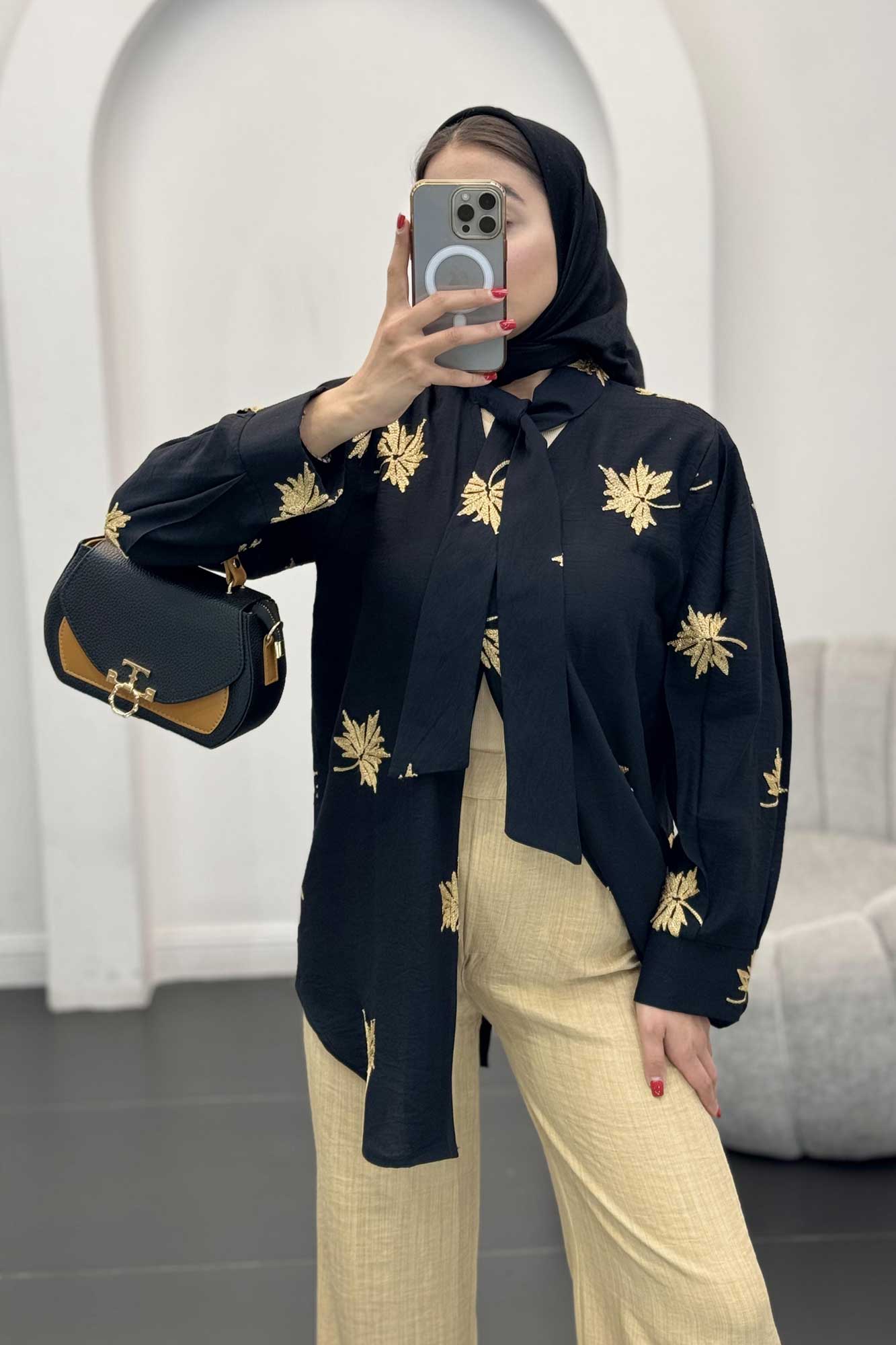 شومیز تک دکمه گلدوزی یقه بنددار