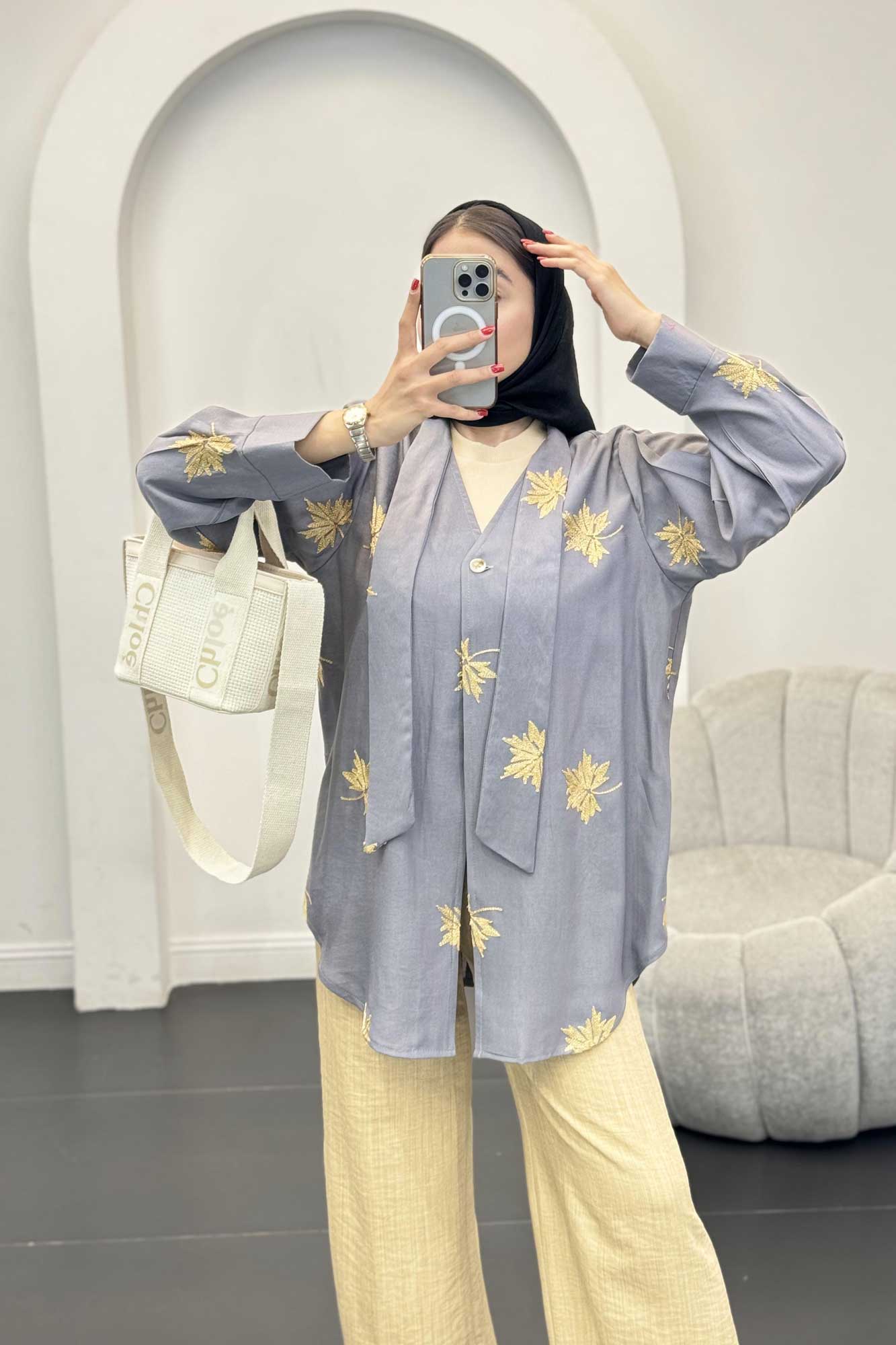 شومیز تک دکمه گلدوزی یقه بنددار