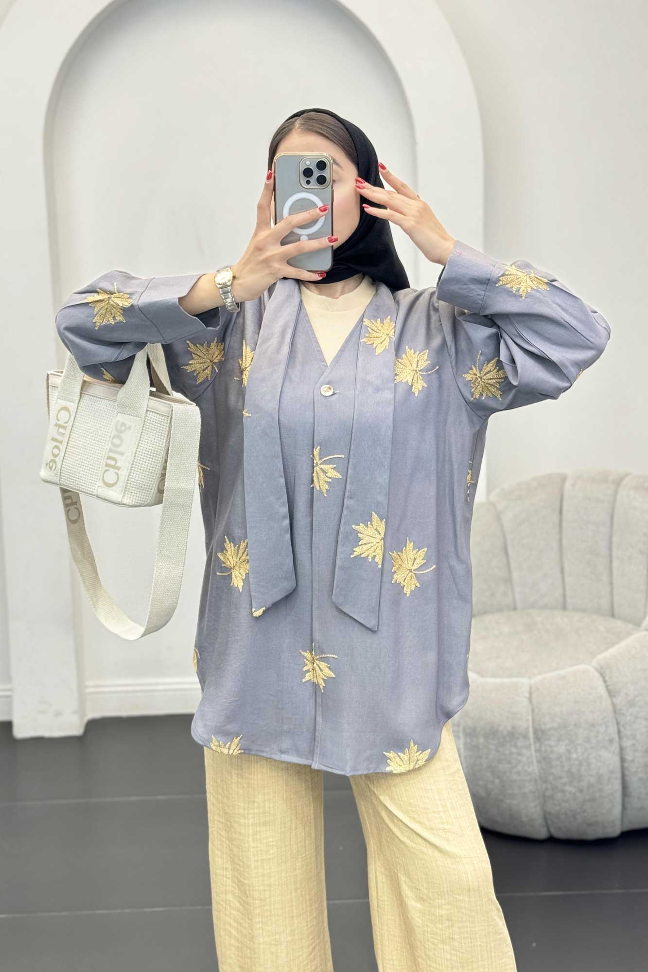 شومیز تک دکمه گلدوزی یقه بنددار