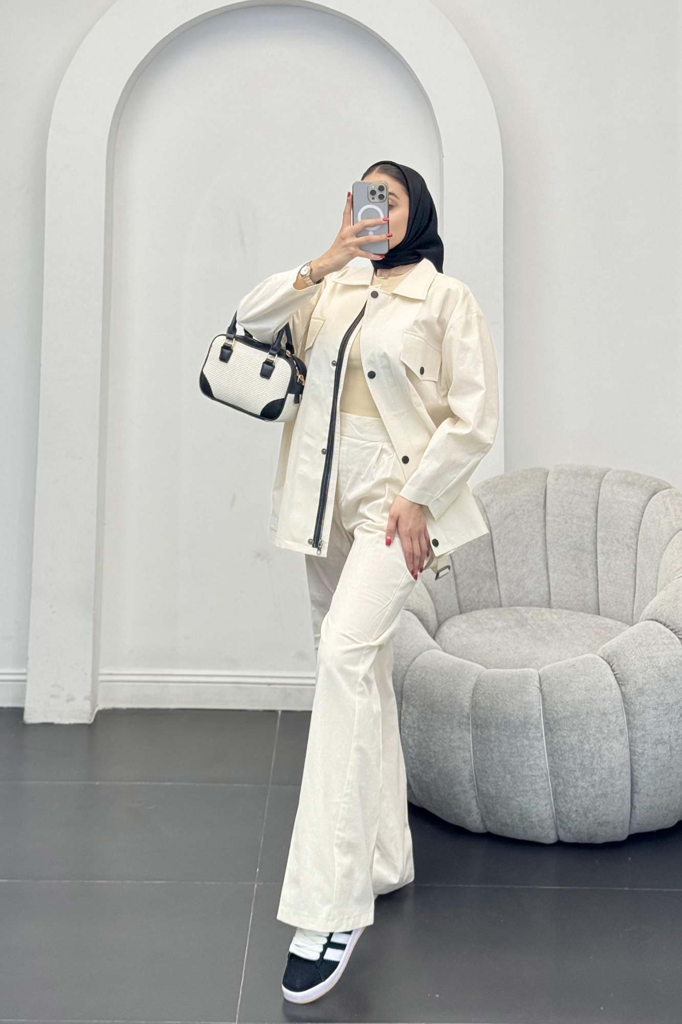 ست مانتو و شلوار دکمه پرسی زیپ دار