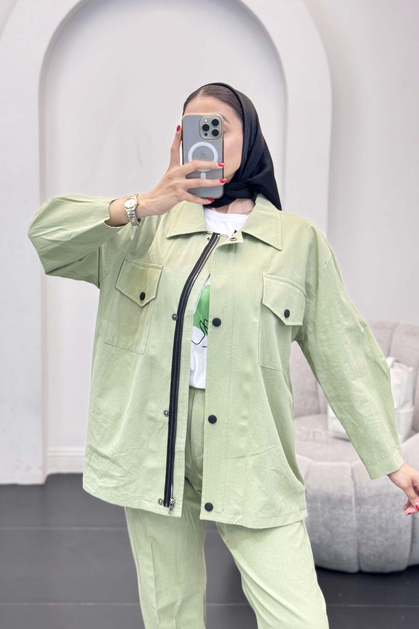 ست مانتو و شلوار دکمه پرسی زیپ دار