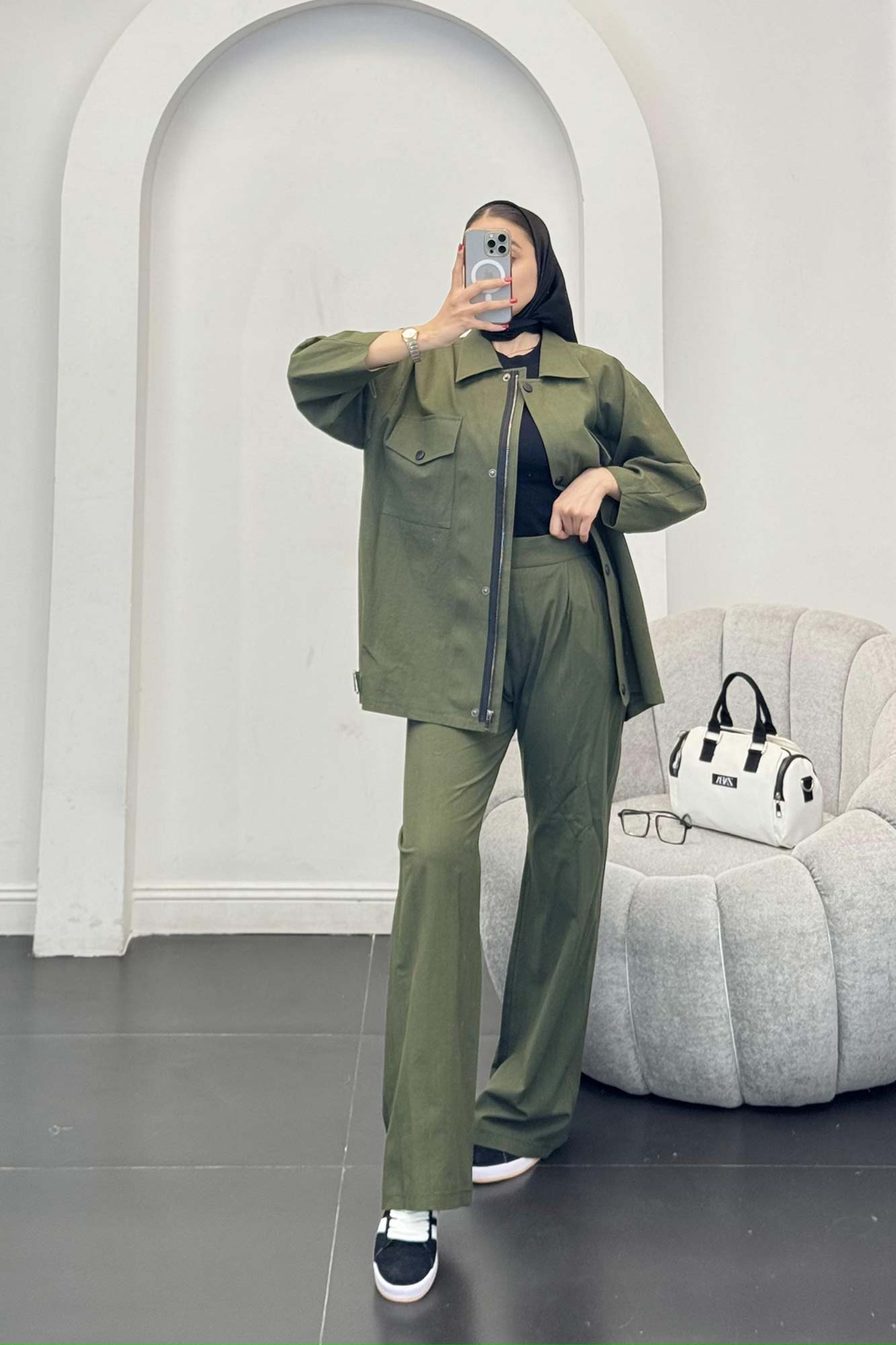 ست مانتو و شلوار دکمه پرسی زیپ دار