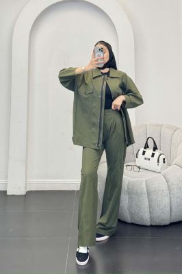 ست مانتو و شلوار دکمه پرسی زیپ دار