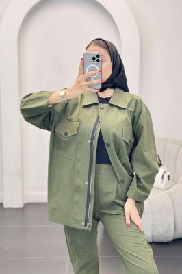 ست مانتو و شلوار دکمه پرسی زیپ دار