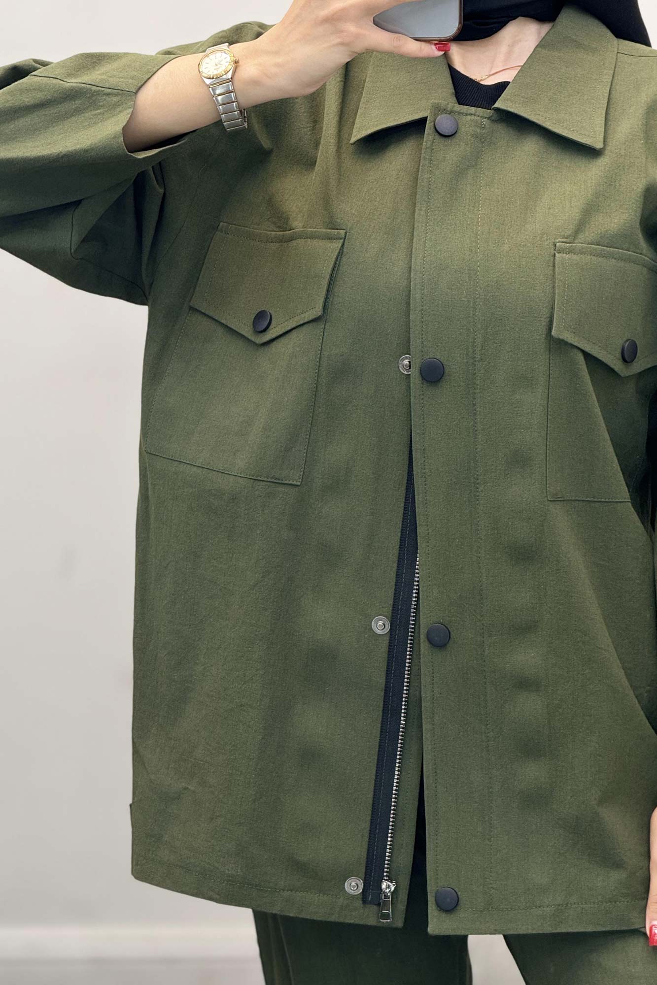 ست مانتو و شلوار دکمه پرسی زیپ دار