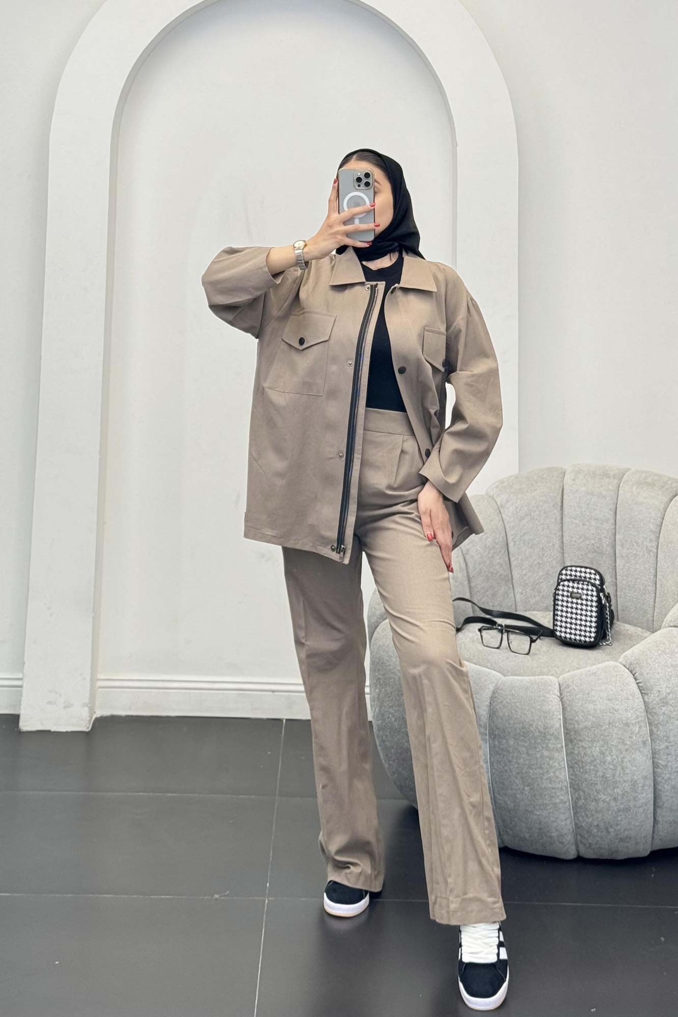 ست مانتو و شلوار دکمه پرسی زیپ دار