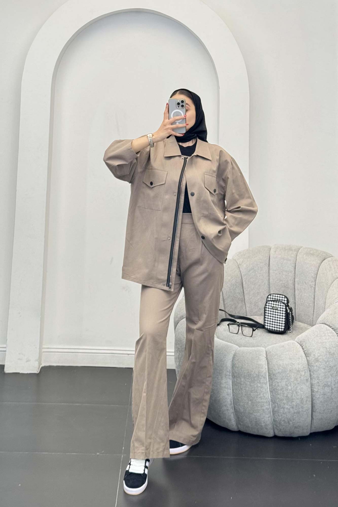 ست مانتو و شلوار دکمه پرسی زیپ دار