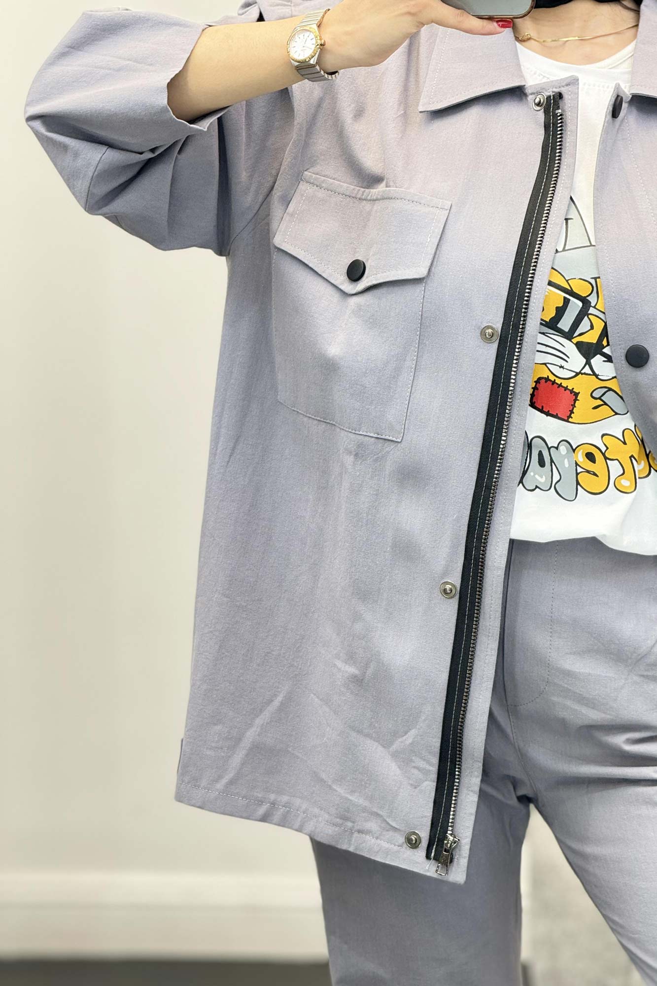 ست مانتو و شلوار دکمه پرسی زیپ دار