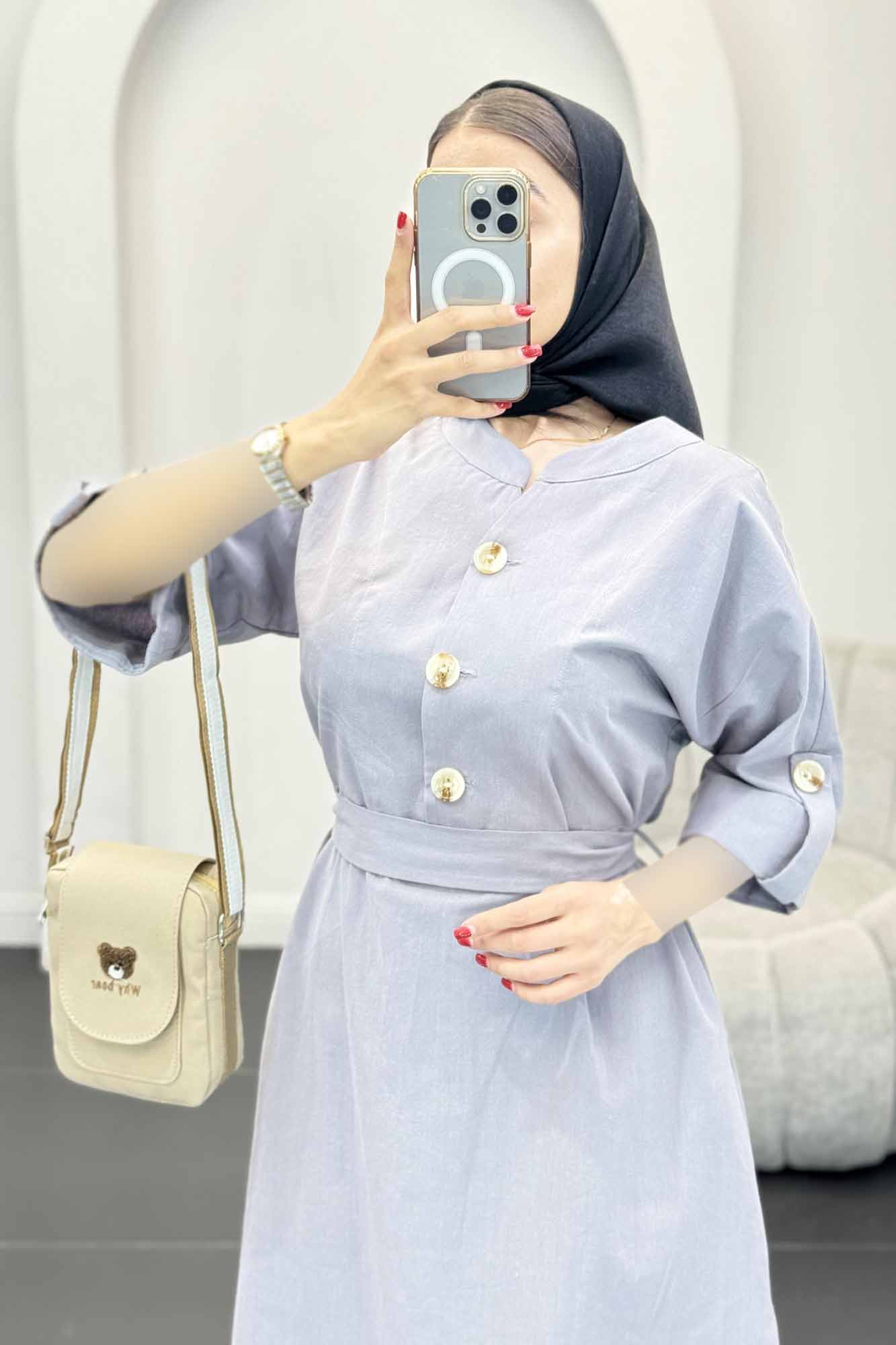 پیراهن لینن سه دکمه آستین بند دار