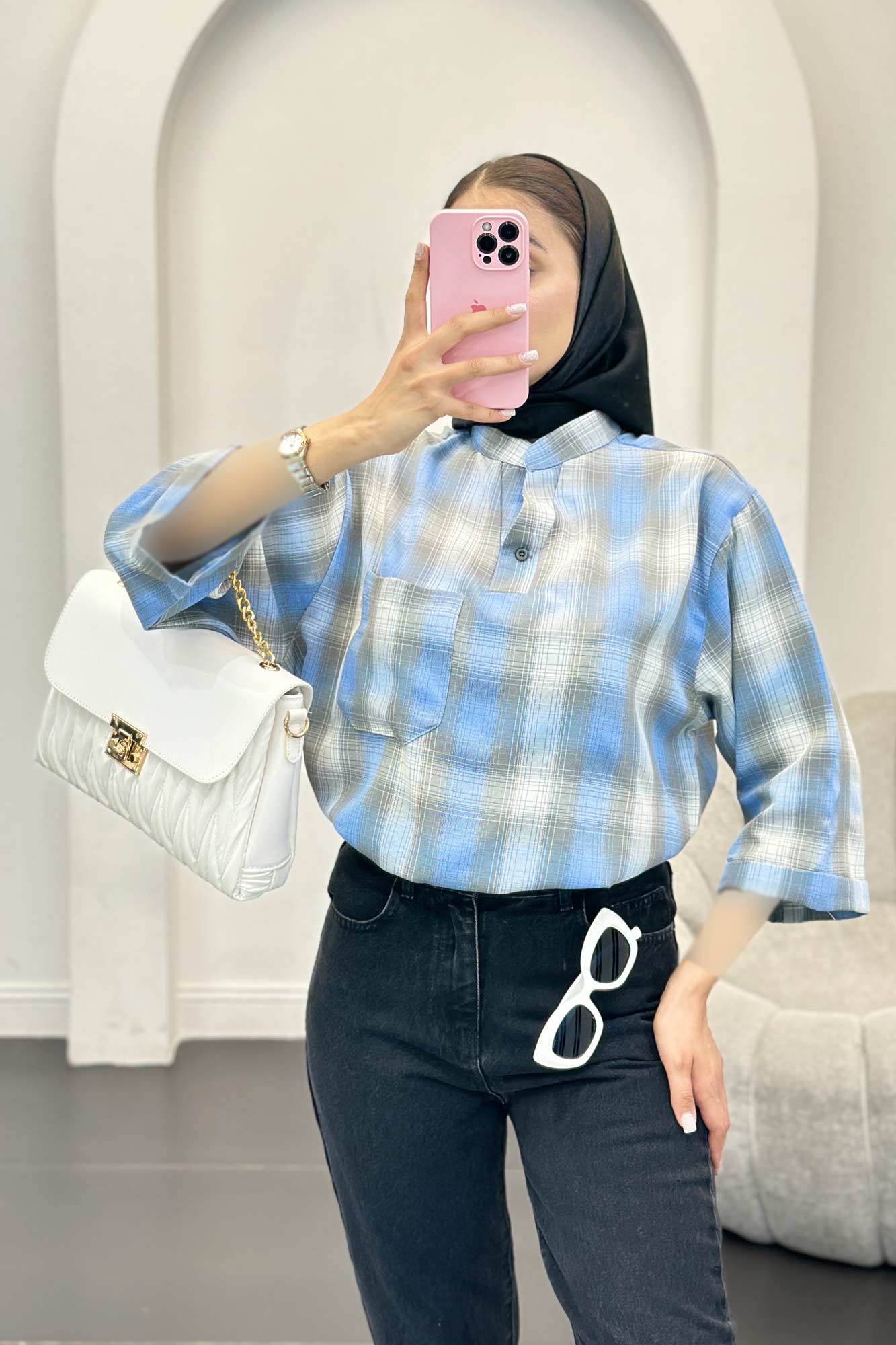 بلوز چهارخانه تک جیب