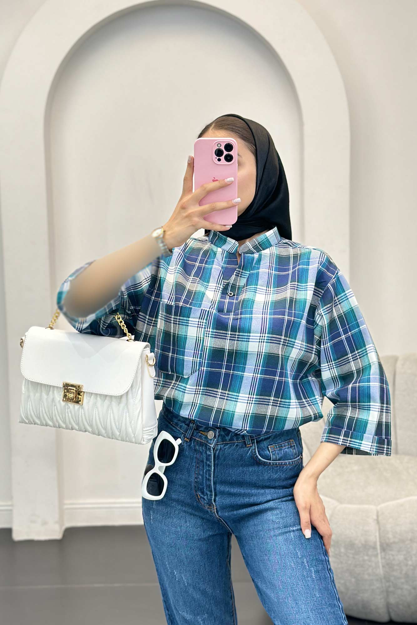 بلوز چهارخانه تک جیب