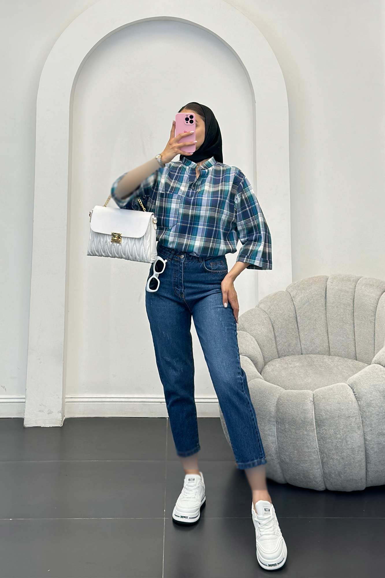 بلوز چهارخانه تک جیب