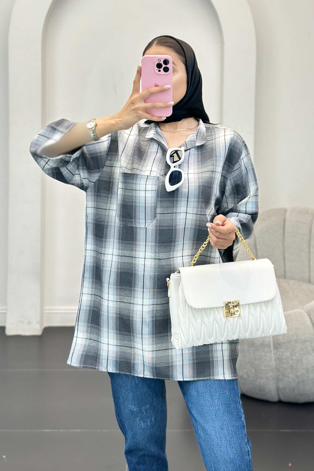 بلوز چهارخانه تک جیب