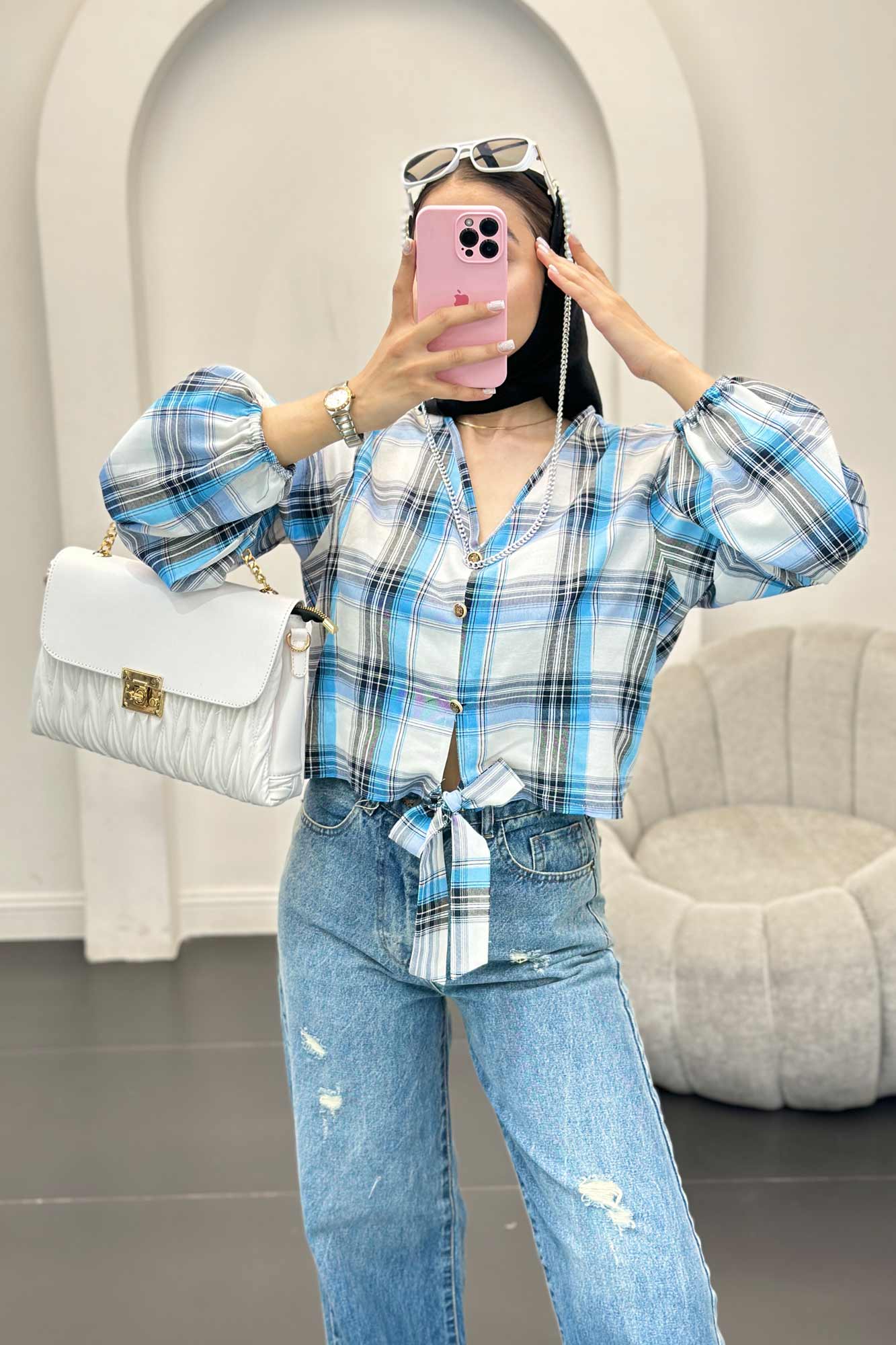 شومیز چهارخانه پایین گره