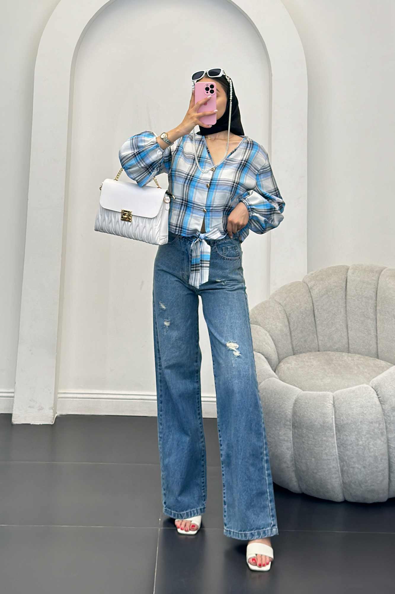 شومیز چهارخانه پایین گره