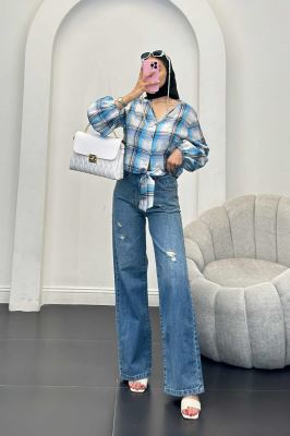 شومیز چهارخانه پایین گره