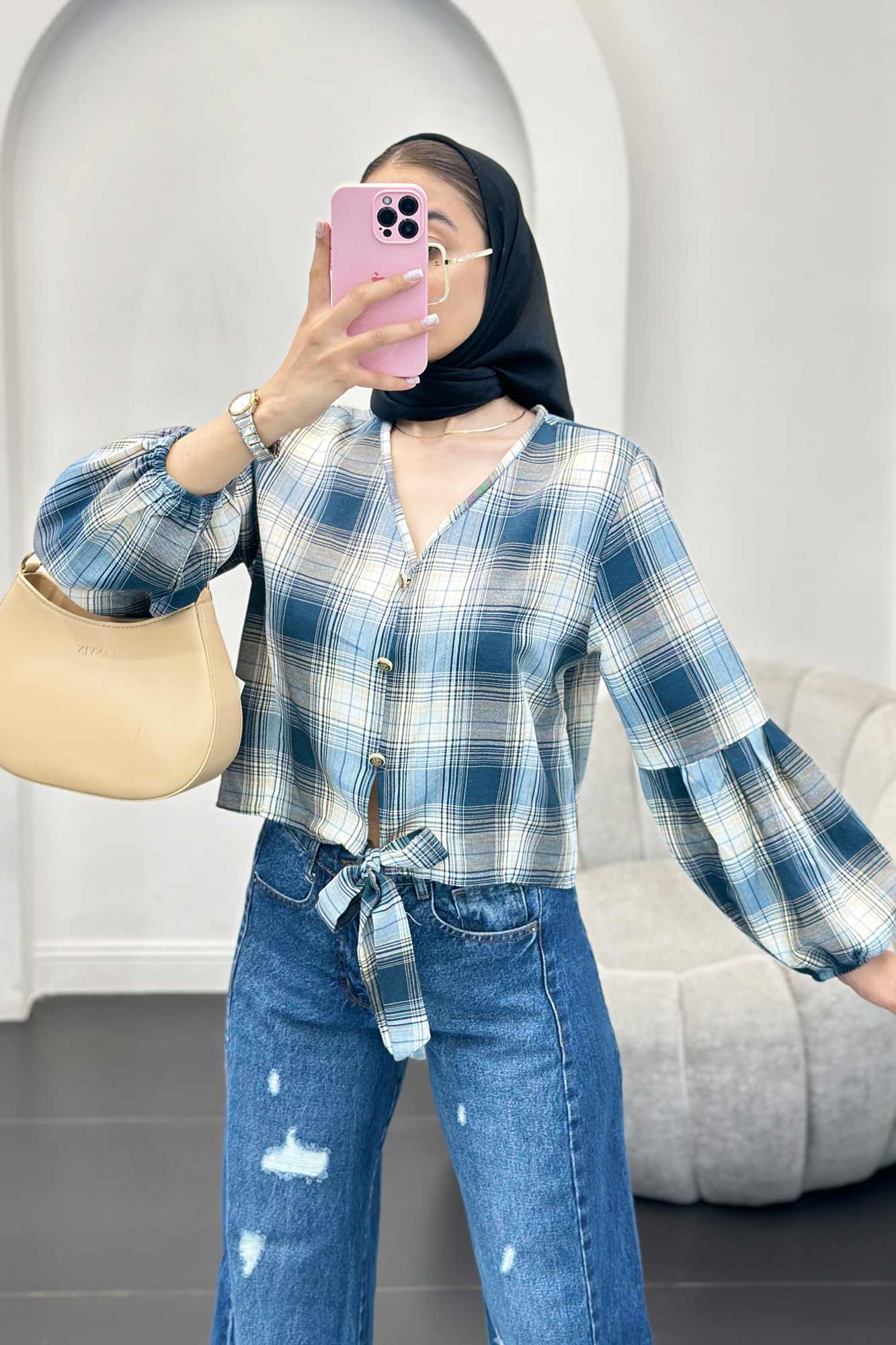 شومیز چهارخانه پایین گره