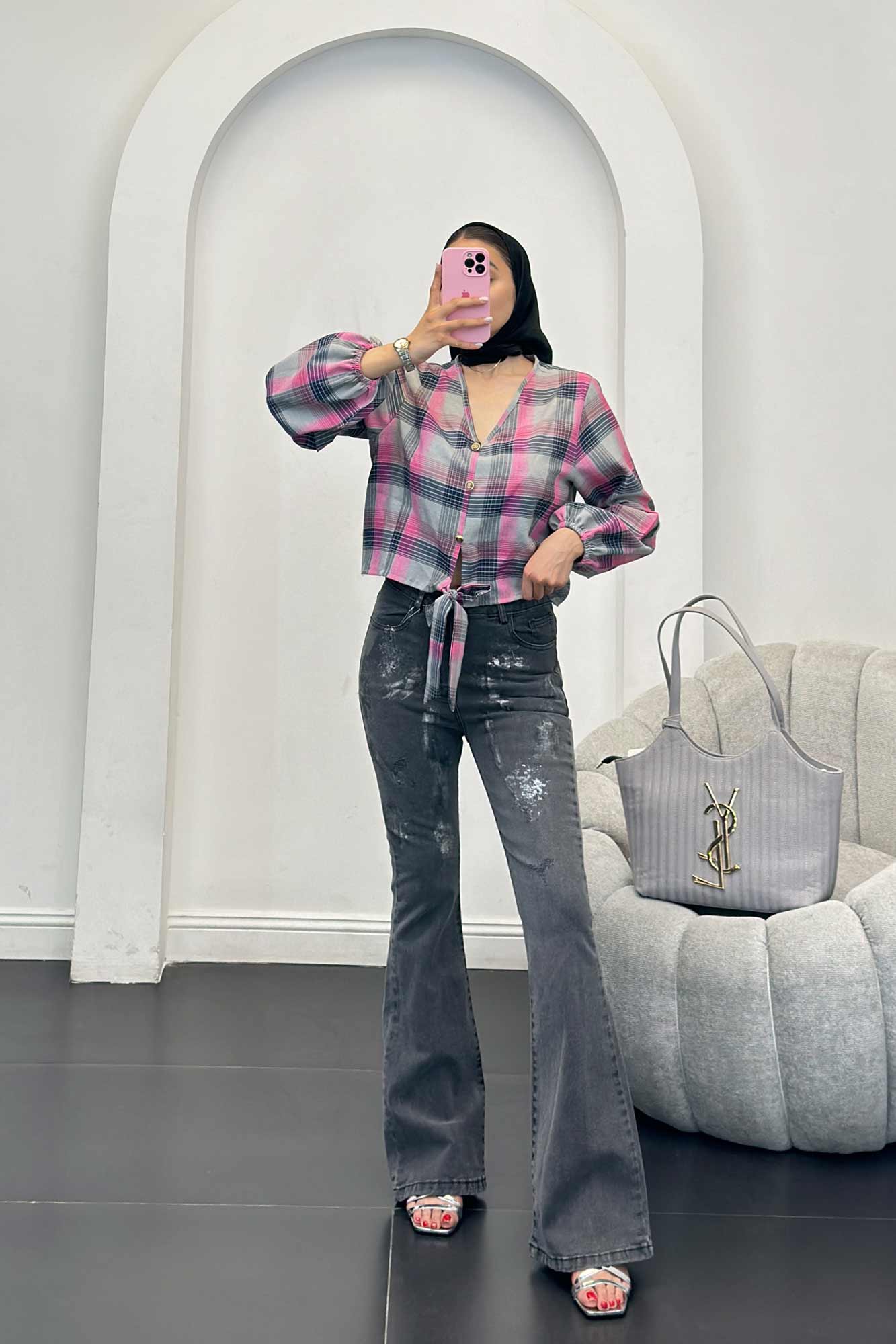 شومیز چهارخانه پایین گره