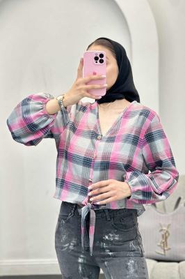 شومیز چهارخانه پایین گره