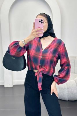 شومیز چهارخانه پایین گره