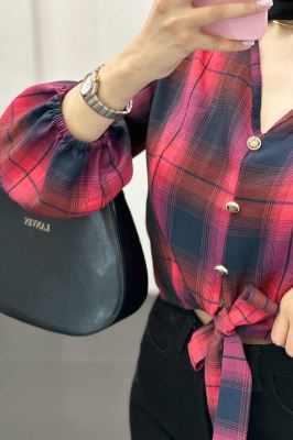 شومیز چهارخانه پایین گره