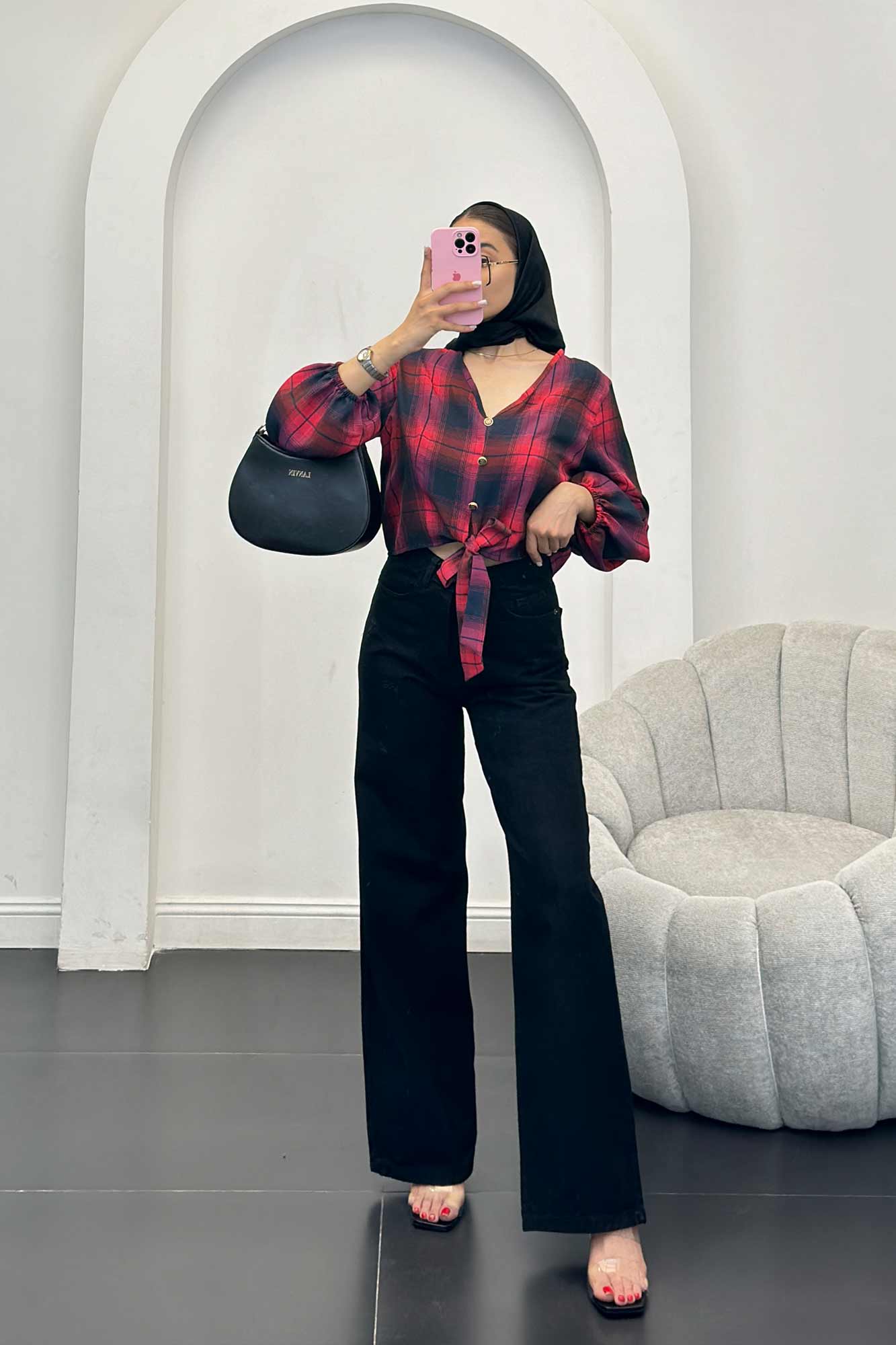 شومیز چهارخانه پایین گره