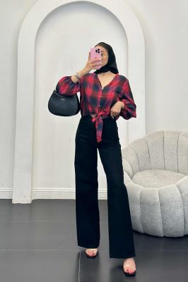 شومیز چهارخانه پایین گره