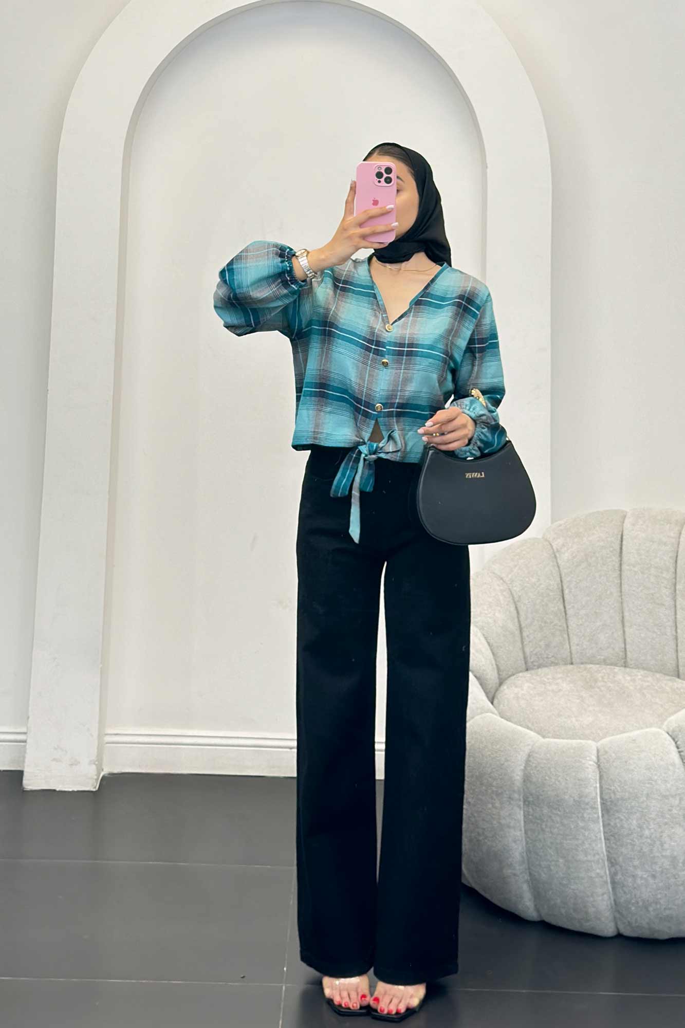 شومیز چهارخانه پایین گره